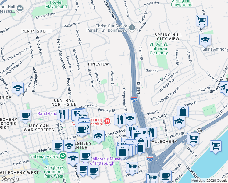 map of restaurants, bars, coffee shops, grocery stores, and more near 1604 Warren Street in Pittsburgh