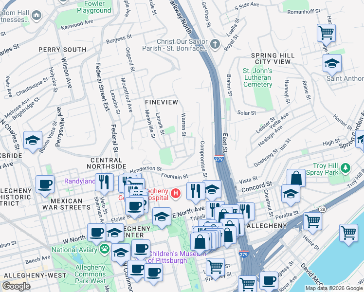 map of restaurants, bars, coffee shops, grocery stores, and more near 1604 Warren Street in Pittsburgh