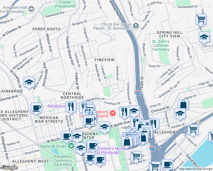 map of restaurants, bars, coffee shops, grocery stores, and more near 1609 Myler Street in Pittsburgh