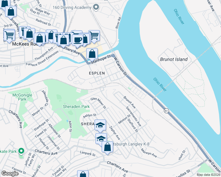 map of restaurants, bars, coffee shops, grocery stores, and more near 327 Stadium Street in Pittsburgh