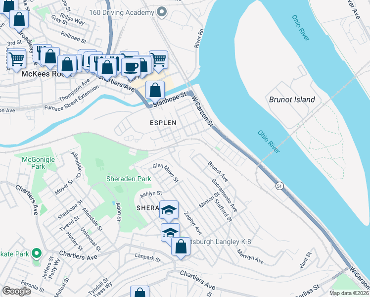 map of restaurants, bars, coffee shops, grocery stores, and more near 327 Stadium Street in Pittsburgh