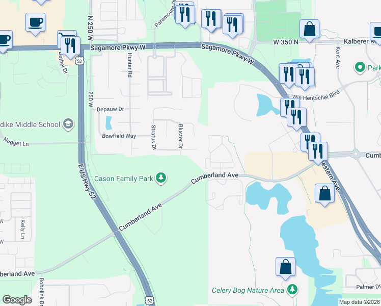 map of restaurants, bars, coffee shops, grocery stores, and more near 3050 Bluster Court in West Lafayette