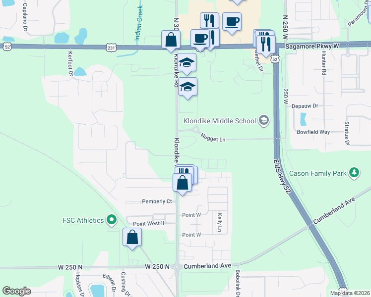 map of restaurants, bars, coffee shops, grocery stores, and more near 3131 Klondike Road in West Lafayette