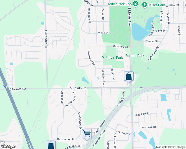 map of restaurants, bars, coffee shops, grocery stores, and more near 1705 Sweetbriar Drive in Bloomington