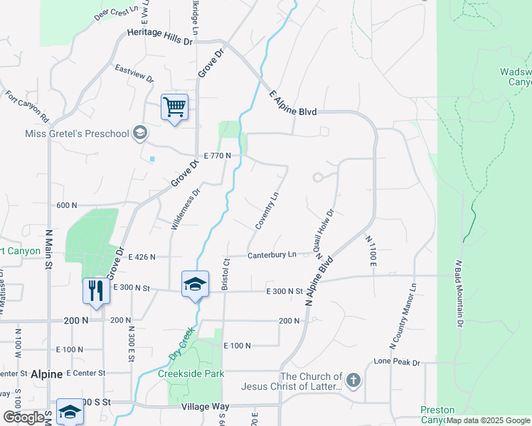 map of restaurants, bars, coffee shops, grocery stores, and more near 595 Coventry Lane in Alpine