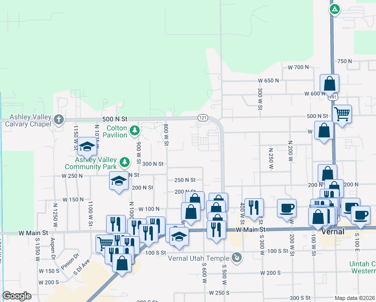 map of restaurants, bars, coffee shops, grocery stores, and more near 318 North 700 West in Vernal