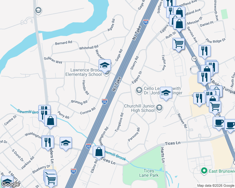 map of restaurants, bars, coffee shops, grocery stores, and more near 5 Wellington Road in East Brunswick