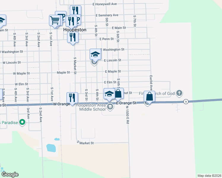 map of restaurants, bars, coffee shops, grocery stores, and more near 710 5th Street in Hoopeston