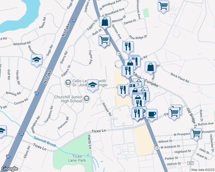 map of restaurants, bars, coffee shops, grocery stores, and more near 25 Rennee Road in East Brunswick