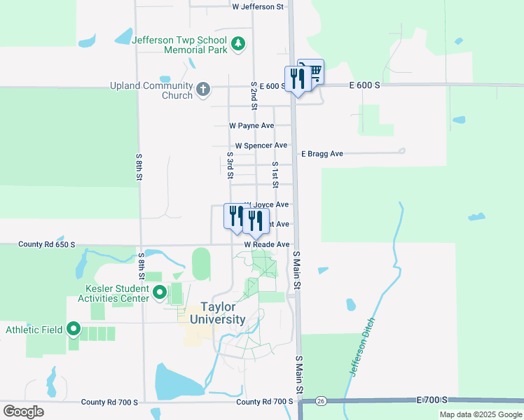 map of restaurants, bars, coffee shops, grocery stores, and more near 180-184 W Joyce Ave in Upland