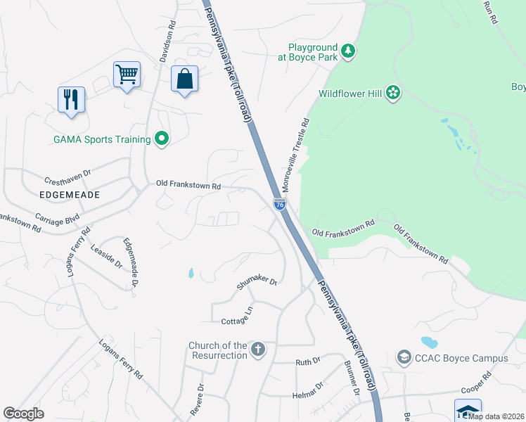 map of restaurants, bars, coffee shops, grocery stores, and more near 542 Old Frankstown Road in Monroeville