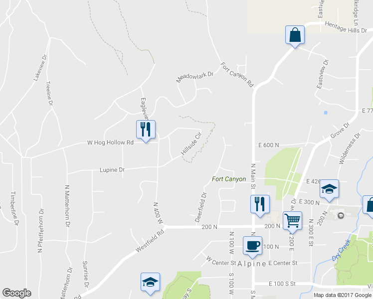 map of restaurants, bars, coffee shops, grocery stores, and more near 580 Hillside Circle in Alpine