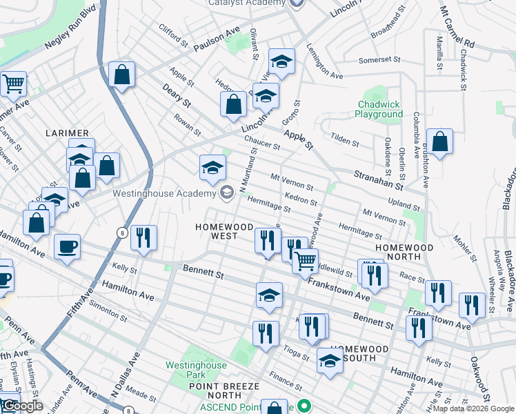 map of restaurants, bars, coffee shops, grocery stores, and more near 7022 Hermitage Street in Pittsburgh