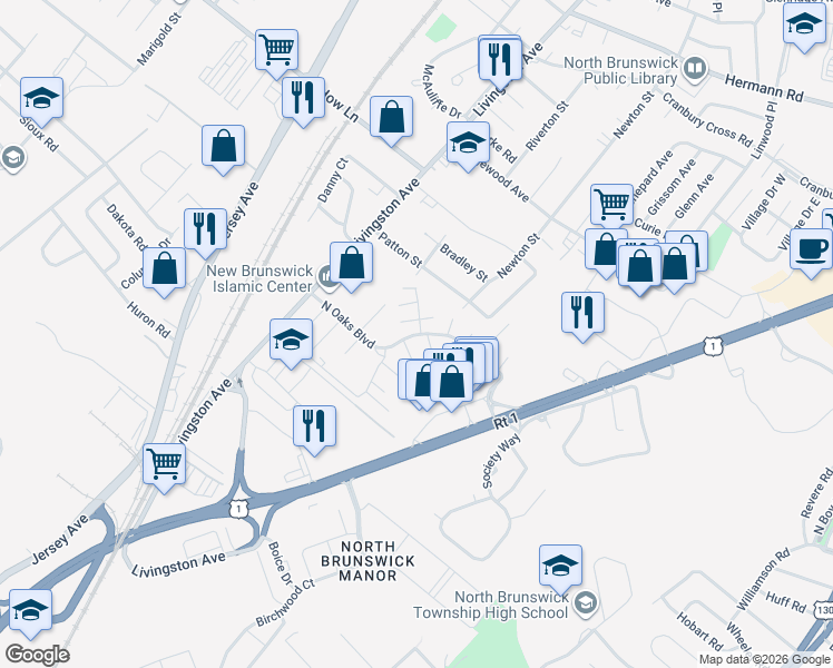 map of restaurants, bars, coffee shops, grocery stores, and more near North Oaks Boulevard in North Brunswick Township
