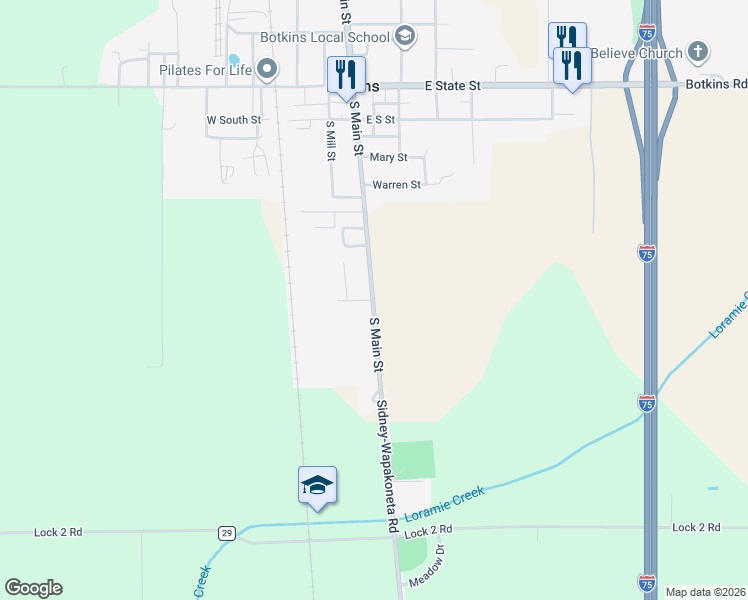 map of restaurants, bars, coffee shops, grocery stores, and more near 399 S Main St in Botkins