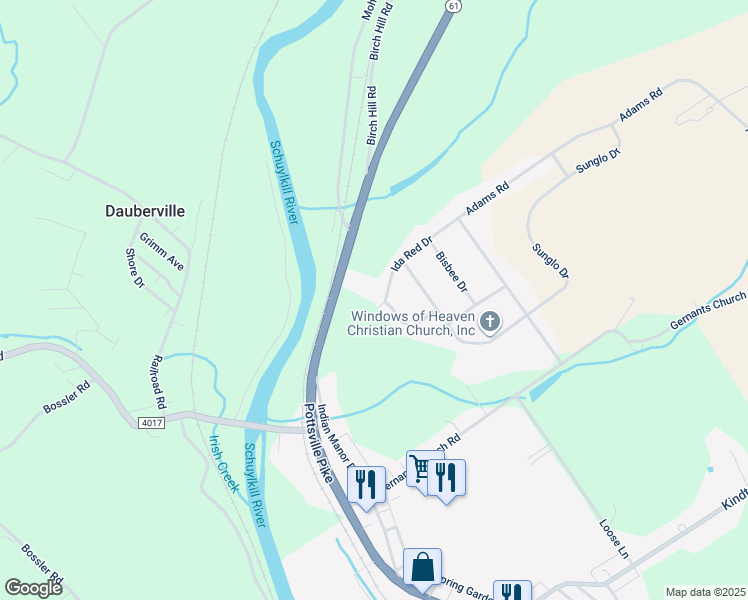 map of restaurants, bars, coffee shops, grocery stores, and more near 331 Ida Red Drive in Leesport