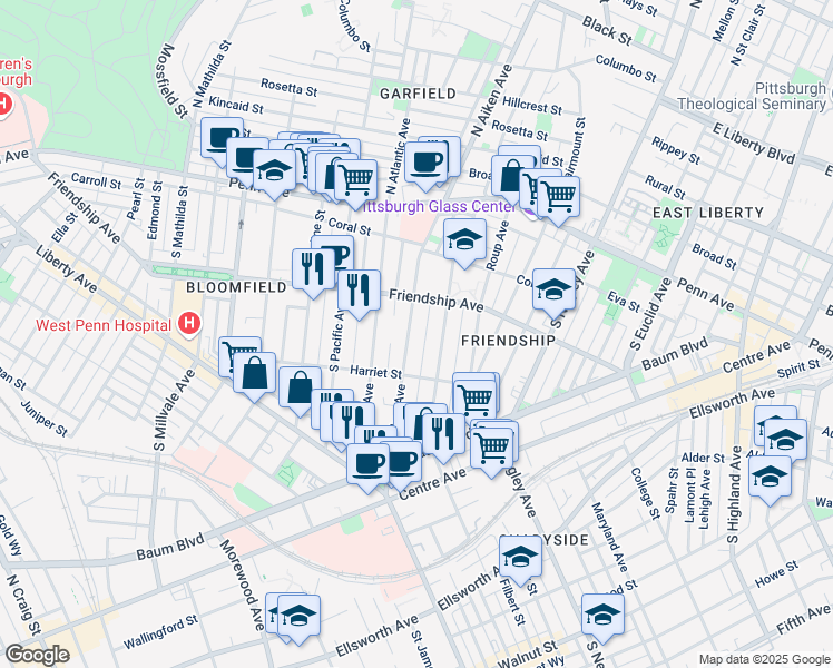 map of restaurants, bars, coffee shops, grocery stores, and more near 339 South Aiken Avenue in Pittsburgh
