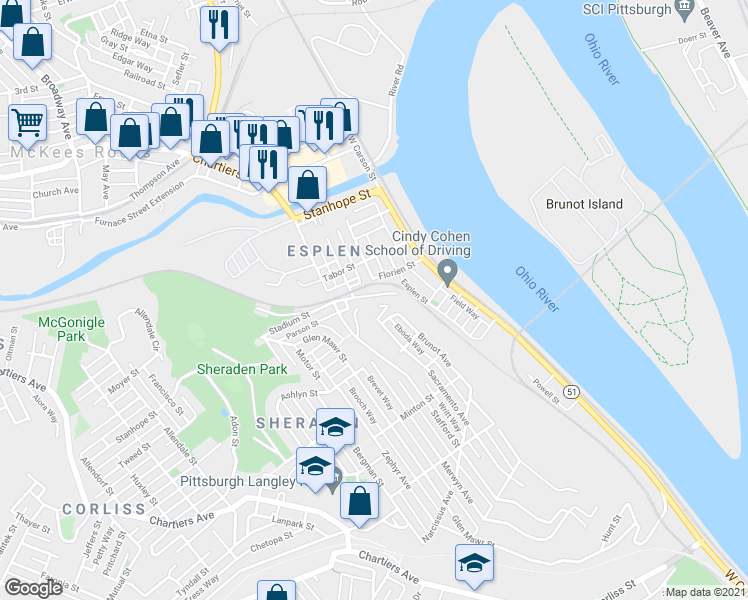 map of restaurants, bars, coffee shops, grocery stores, and more near 327 Stadium Street in Pittsburgh