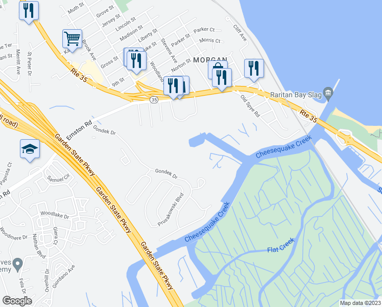 map of restaurants, bars, coffee shops, grocery stores, and more near 136 South Stevens Avenue in South Amboy