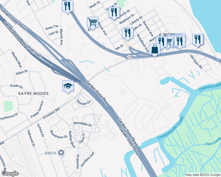 map of restaurants, bars, coffee shops, grocery stores, and more near 1415 Pebble Place in Sayreville