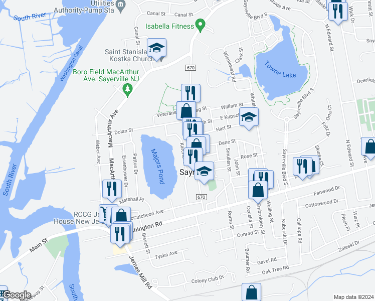 map of restaurants, bars, coffee shops, grocery stores, and more near in Sayreville