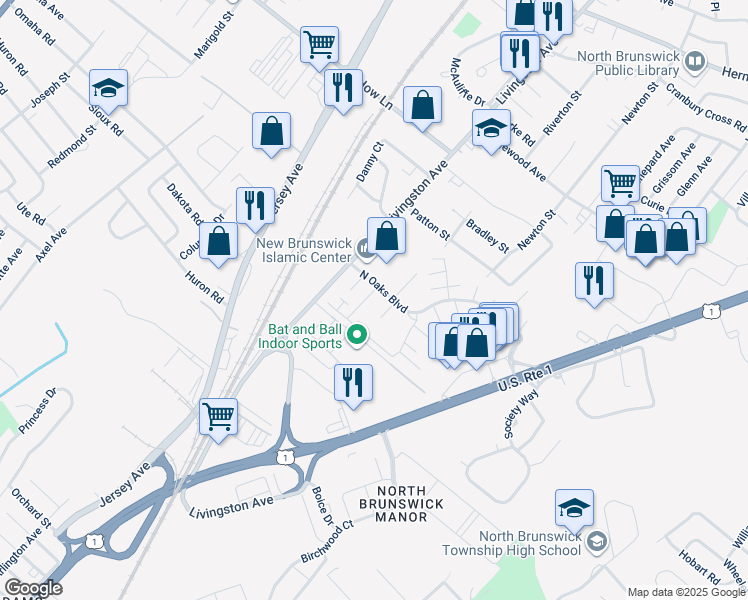 map of restaurants, bars, coffee shops, grocery stores, and more near 414 North Oaks Boulevard in North Brunswick Township