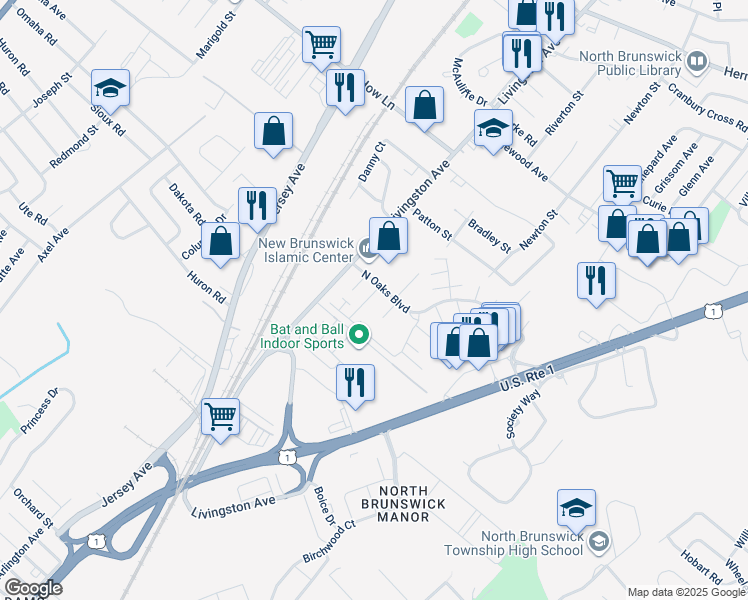 map of restaurants, bars, coffee shops, grocery stores, and more near 414 North Oaks Boulevard in North Brunswick Township