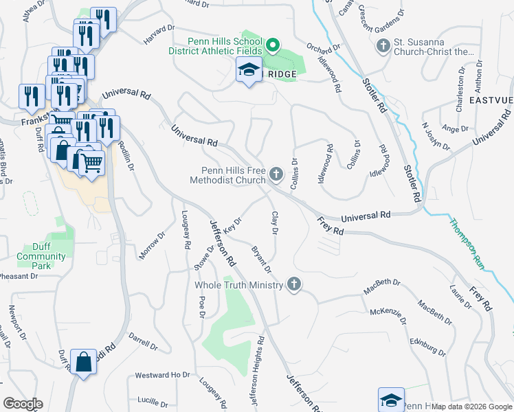 map of restaurants, bars, coffee shops, grocery stores, and more near 213 Key Drive in Pittsburgh
