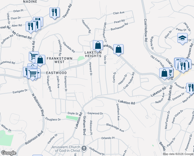 map of restaurants, bars, coffee shops, grocery stores, and more near 159 Howard Street in Penn Hills