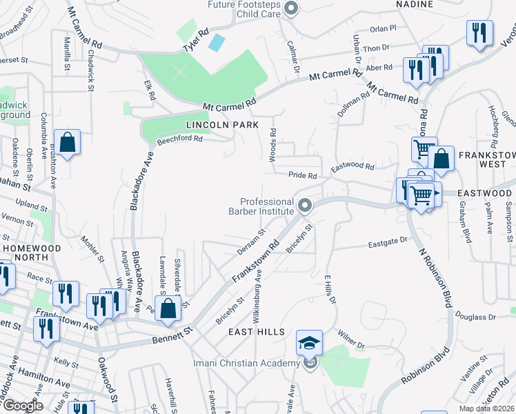map of restaurants, bars, coffee shops, grocery stores, and more near 8603 Pershing Street in Pittsburgh