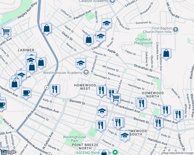 map of restaurants, bars, coffee shops, grocery stores, and more near 7022 Hermitage Street in Pittsburgh