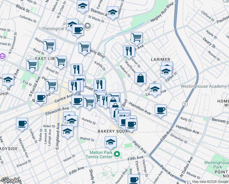 map of restaurants, bars, coffee shops, grocery stores, and more near 308 Enright Court in Pittsburgh