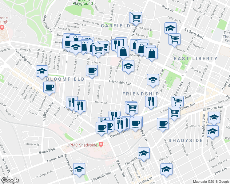 map of restaurants, bars, coffee shops, grocery stores, and more near 330 South Aiken Avenue in Pittsburgh