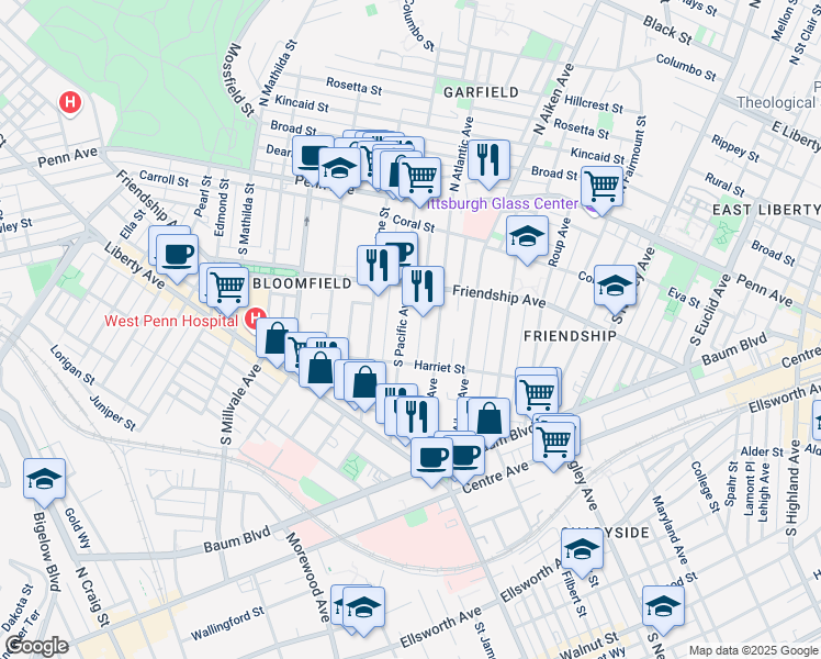 map of restaurants, bars, coffee shops, grocery stores, and more near 342 South Atlantic Avenue in Pittsburgh