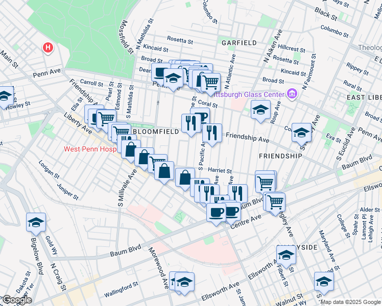 map of restaurants, bars, coffee shops, grocery stores, and more near 332 South Pacific Avenue in Pittsburgh