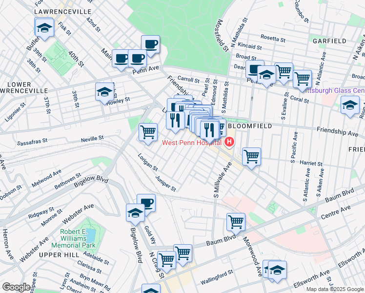 map of restaurants, bars, coffee shops, grocery stores, and more near 328 Garnet Way in Pittsburgh