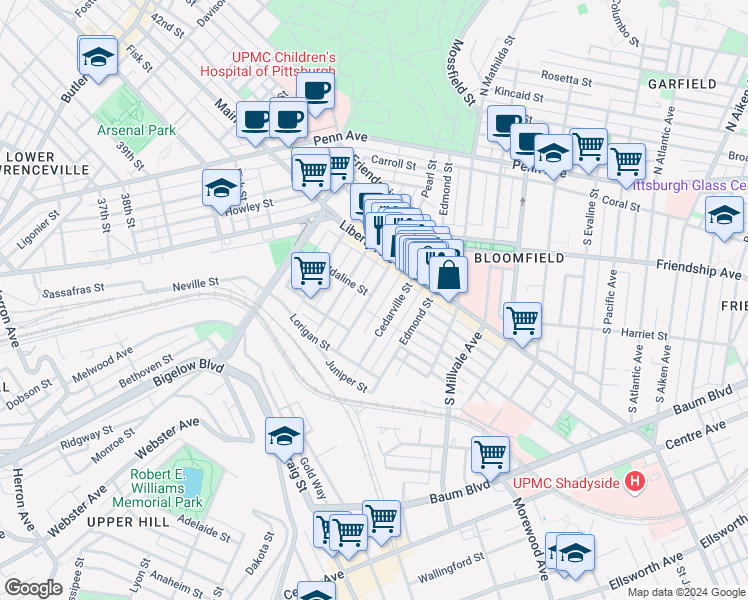 map of restaurants, bars, coffee shops, grocery stores, and more near 328 Garnet Way in Pittsburgh