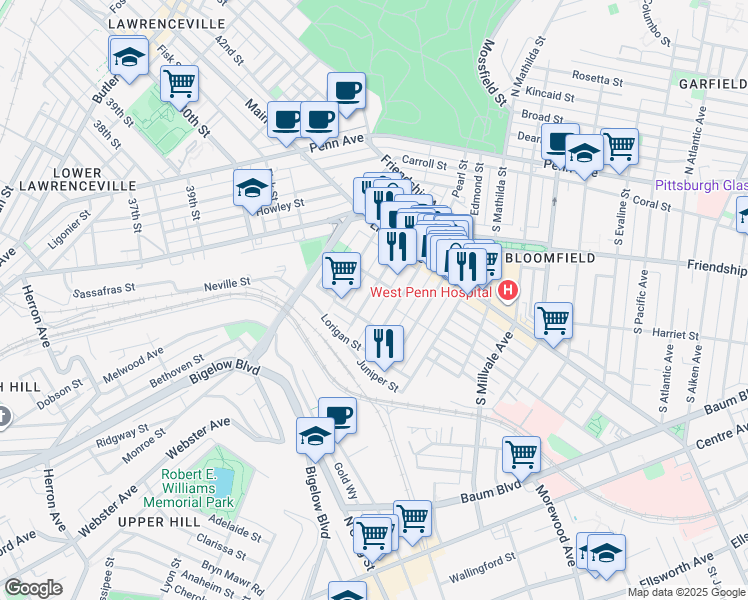 map of restaurants, bars, coffee shops, grocery stores, and more near 405 Sapphire Way in Pittsburgh