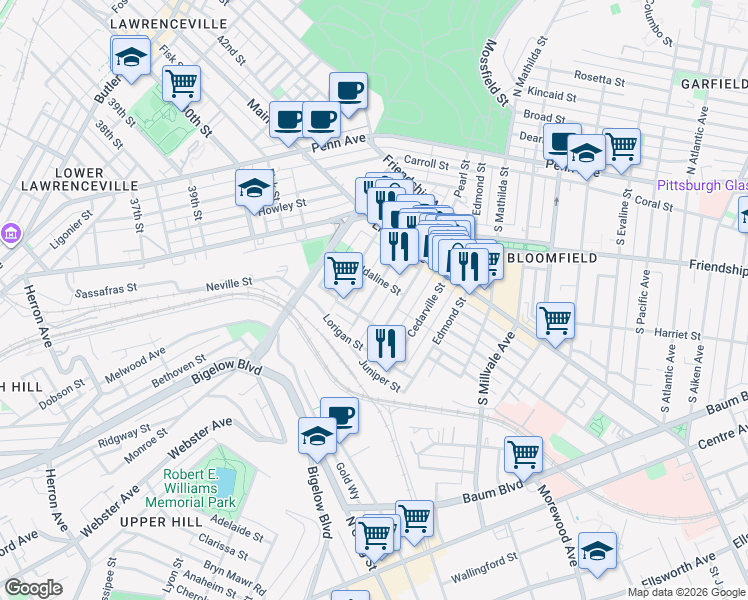 map of restaurants, bars, coffee shops, grocery stores, and more near 405 Sapphire Way in Pittsburgh
