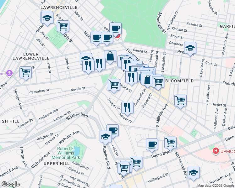 map of restaurants, bars, coffee shops, grocery stores, and more near 425 Orwell Way in Pittsburgh