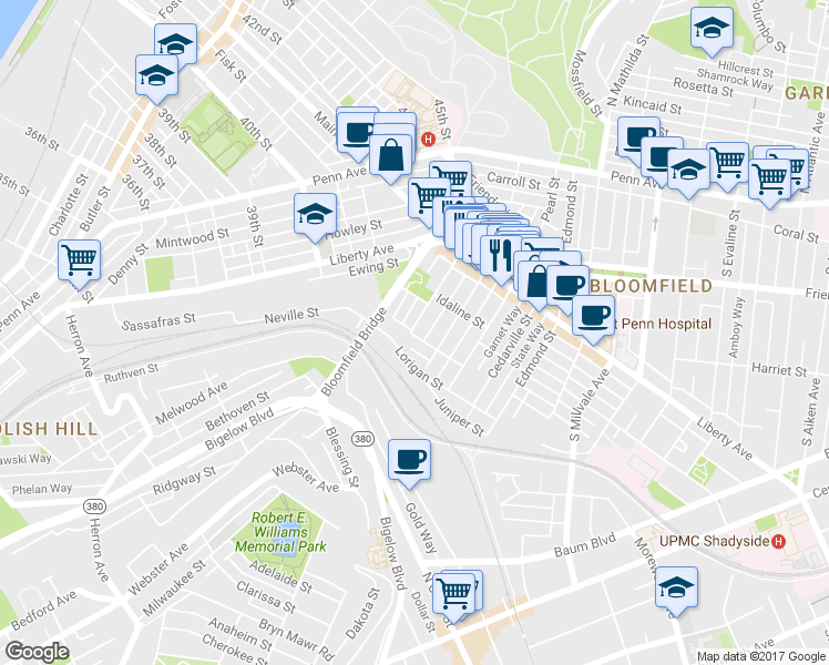 map of restaurants, bars, coffee shops, grocery stores, and more near 425 Orwell Way in Pittsburgh