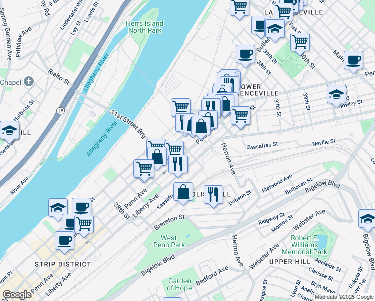 map of restaurants, bars, coffee shops, grocery stores, and more near 3206 Penn Avenue in Pittsburgh