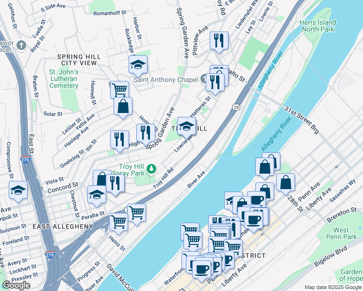 map of restaurants, bars, coffee shops, grocery stores, and more near 1428 Lowrie Street in Pittsburgh