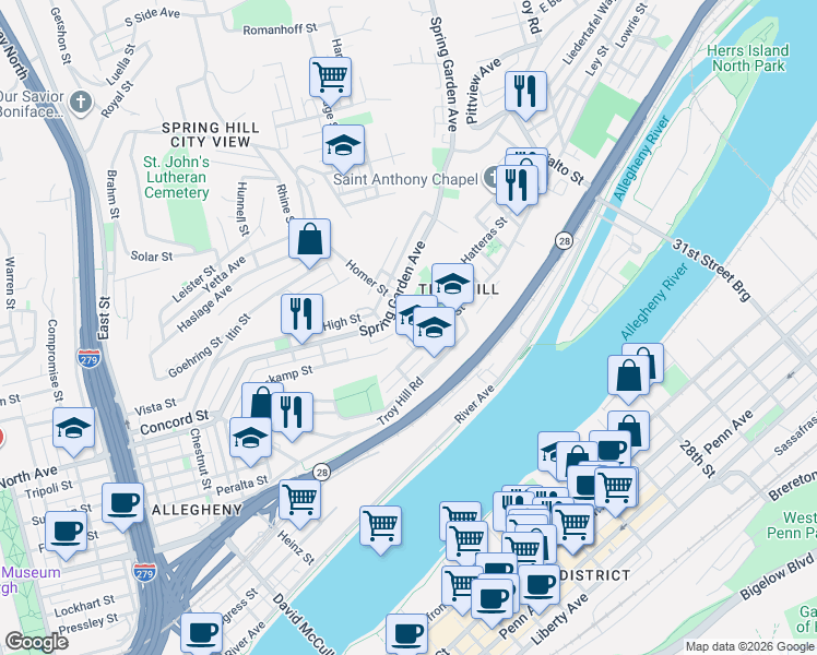 map of restaurants, bars, coffee shops, grocery stores, and more near 1329 Spring Garden Avenue in Pittsburgh