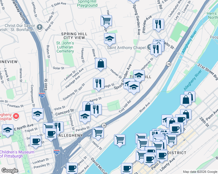 map of restaurants, bars, coffee shops, grocery stores, and more near 1266 Spring Garden Avenue in Pittsburgh