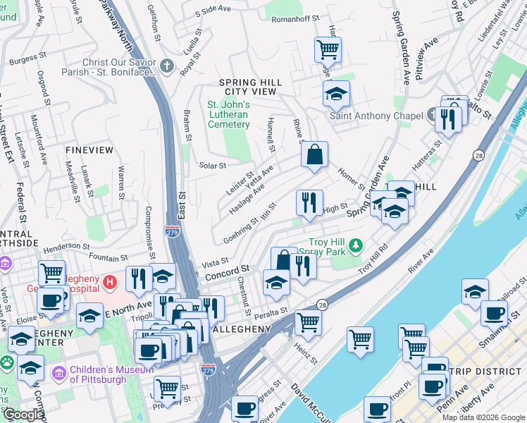 map of restaurants, bars, coffee shops, grocery stores, and more near in Pittsburgh