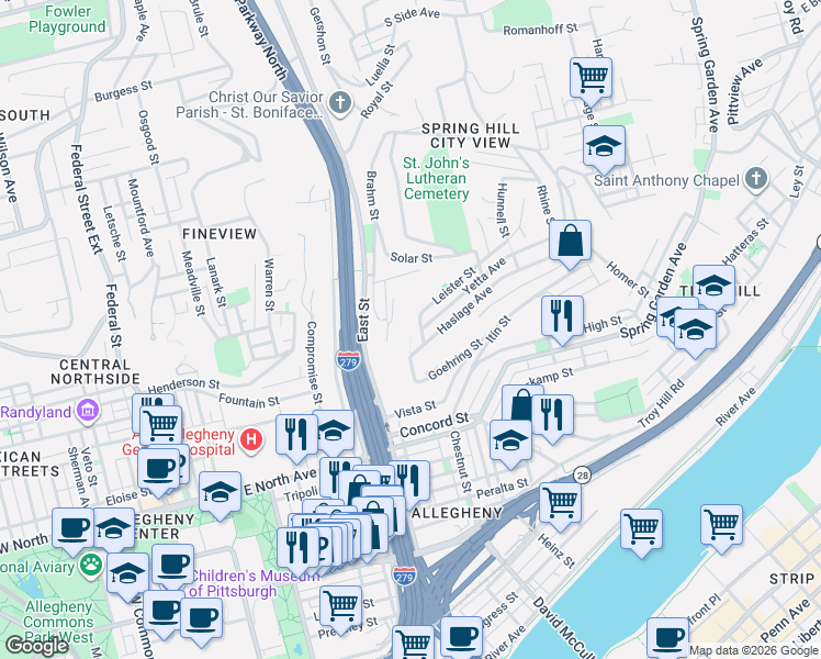 map of restaurants, bars, coffee shops, grocery stores, and more near 906 Yetta Avenue in Pittsburgh