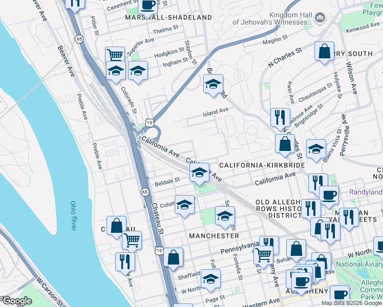 map of restaurants, bars, coffee shops, grocery stores, and more near 1304 Sigel Street in Pittsburgh