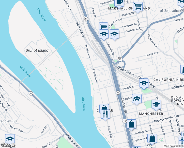 map of restaurants, bars, coffee shops, grocery stores, and more near in Pittsburgh