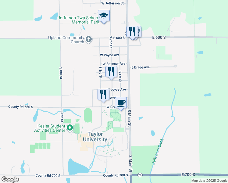 map of restaurants, bars, coffee shops, grocery stores, and more near 180-184 W Joyce Ave in Upland